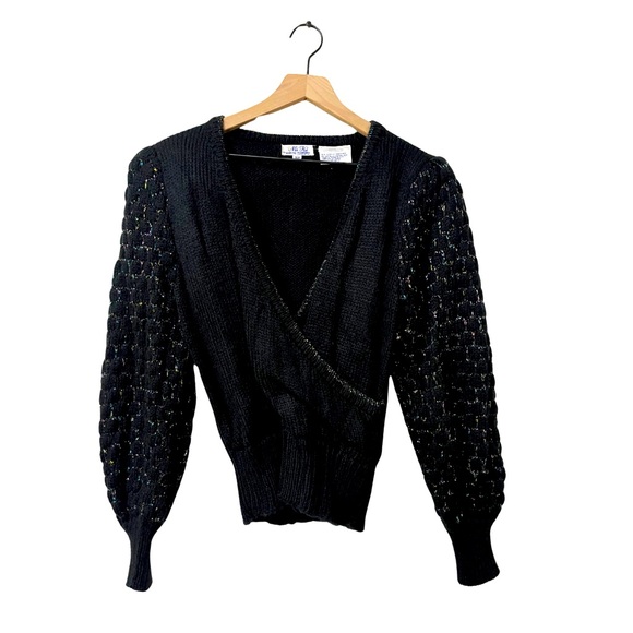 Vintage Mi Ki by Majestic Black Metallic Puff Sleeve Sweater Size Small - Picture 1 of 8